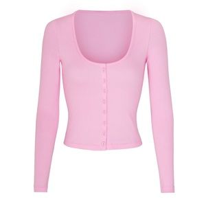 Skims Lace Pointelle Henley Top - Bubble Gum